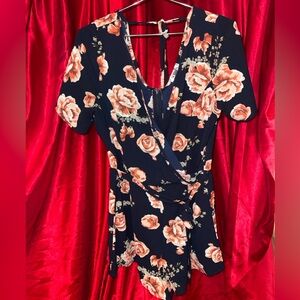 Floral Short Sleeve Romper in Navy and Roses